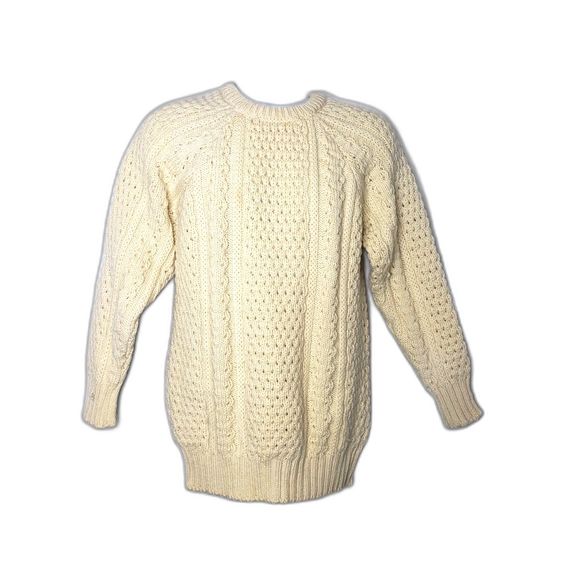 ROSMUC KNITWEAR White Wool Cable Knit Fishmans Sweater Made In Ireland - Picture 8 of 8